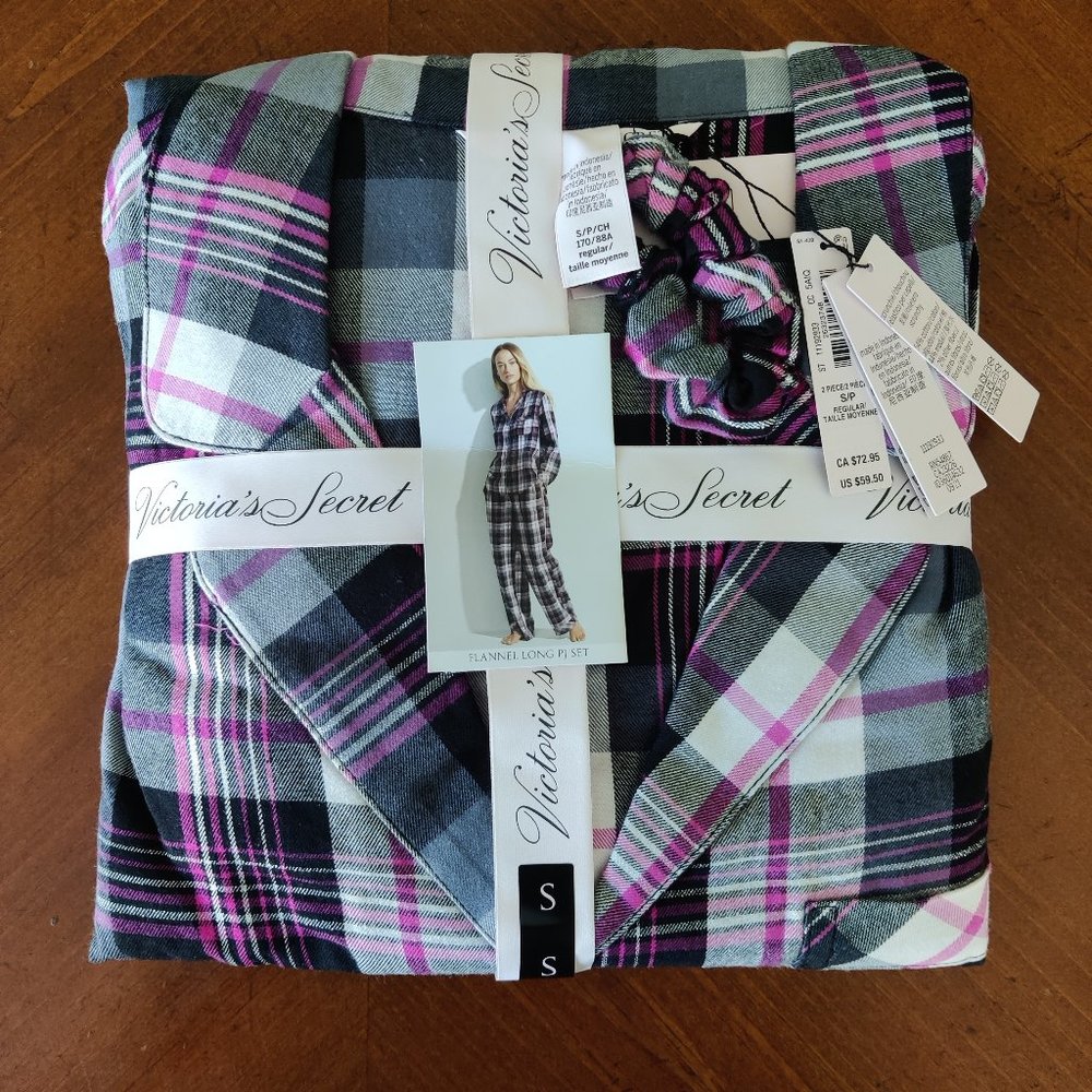 Victoria's Secret Flannel Long PJ Set Black/Pink Plaid Size Small